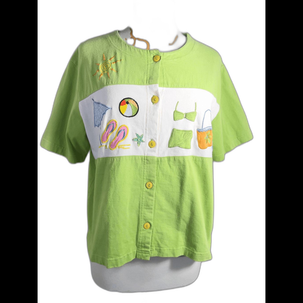 Vintage Blouse Size L VTG 90's Embroidered Lime Green Cottagecore Coquette